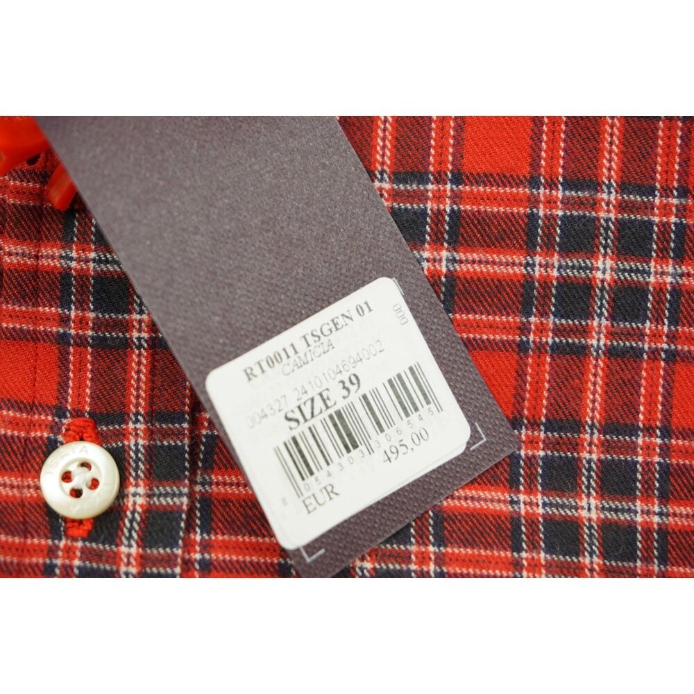 Isaia cherry Red Navy Flannel Plaid Long Sleeve Cotton Dress Shirt 15.5/39 NEW - Picture 5 of 5